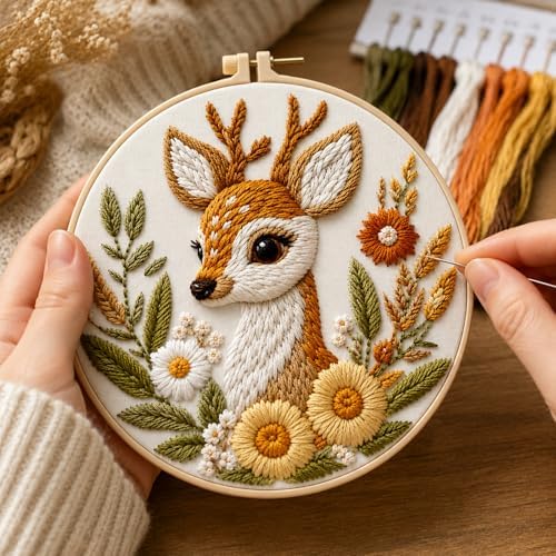 Zhenqing Deer Embroidery Kit for Beginners, Cute Fawn Needlework Craft with Pre-Printed Cotton Fabric, Hoop, Threads & Tools, Woodland Animal Decor, 29x29cm (C0057)