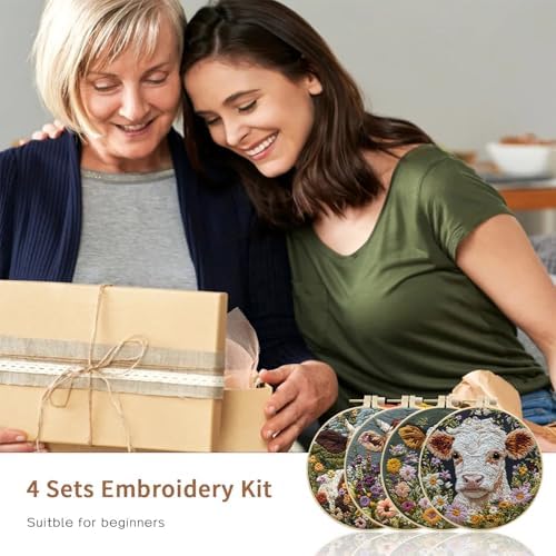 LB 4 Pack Farmhouse Cow Embroidery Kit for Beginners Rustic Floral Plant Beginner Embroidery Kit for Adults DIY Starter Kit with Embroidery Hoop Colorful Threads Tools and Instructions
