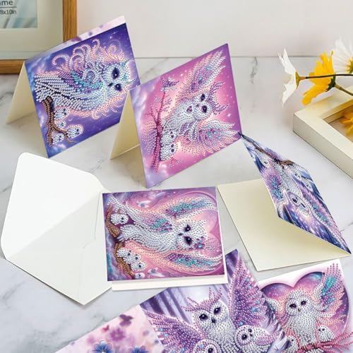 6 Pack Diamond Art Greeting Card Kits with Envelopes, Special Shaped Diamond Painting Cards, DIY Rhinestone Diamond Art Cards for Birthday Christmas Mother Day (Owl Mother and Owlet, 30x15cm)
