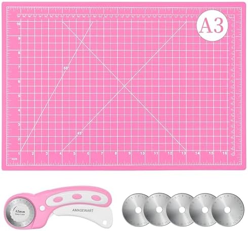 45mm Rotary Cutter and Mat Set, Fabric Cutter Wheel and 12x18 Inch Self Healing Sewing Cutting Mat, Fabric Rotary Cutter with 5pcs Rotary Blades for Quilting Patchworking Crafts, Pink