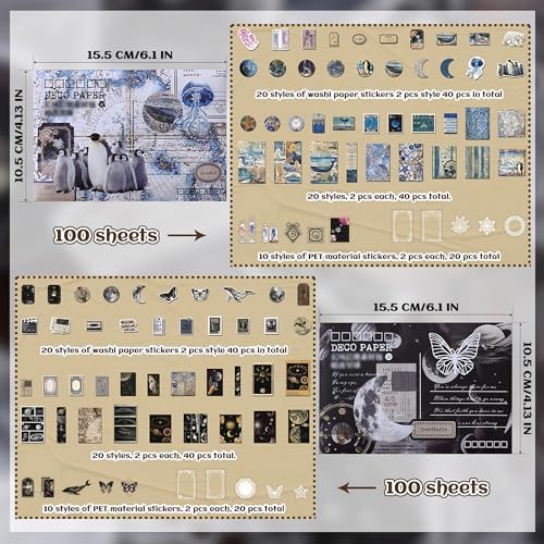 200Pcs Vintage Ephemera Junk Journal Kit, Paper & Stickers for Scrapbooking