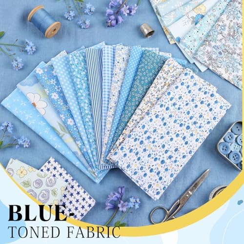 HunnmingRe 20 Pcs 10''x10'' Blue Flower Quilting Fabric Square Spring Floral Precuts Quilted Fabric Bundle Plaid Polka Dot Stripes Printed Sewing Material for Summer Patchwork DIY Craft Supplies
