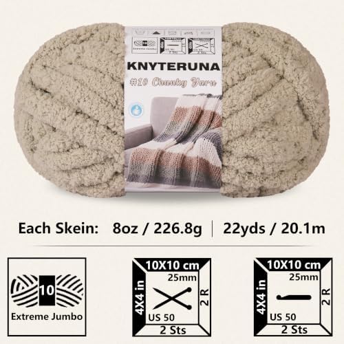 Chunky Yarn for Hand Knitting, #10 Chunky Blanket Chenille Yarn, Large Bulky Thick Jumbo Yarn, Super Chunky Knit Yarn for Crocheting, 8 Skein (8 oz 22 yds Each Skein), Khaki