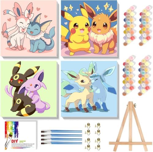 LWZAYS 4 Pack Cartoon Paint by Number for Kids with Wooden Frame-Paint by Numbers for Kids Ages 4-8-12, DIY Paints with Numbers Easy Acrylic Oil Painting Kits for Home Wall Decor (8X8inch)