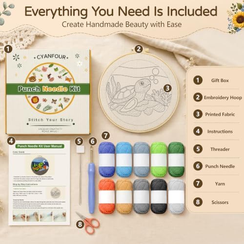 CYANFOUR Punch Needle Kit for Beginners, Sea Turtle Punch Needle Kits Adults, Craft Kits for Adults with 2 Pre-Printed Fabrics, Embroidery Hoop, Threads, DIY Gift and Home Decor 20 * 20cm