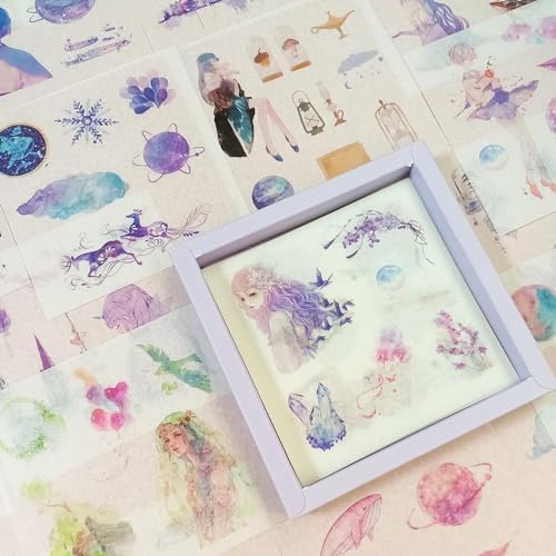 Cute Washi Stickers Set 50 Sheets - Watercolor DIY Decorative Scrapbook Fantasy Sticker Decal for Bullet Journaling,Diary,DIY Arts Crafts,Album,Planners,Junk Journal,Calendars,Notebook