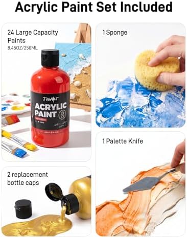 JusArt 24 Colors Acrylic Paint Set, Including Gold and Silver, 8.45oz(250ml) Large Bottles Adult Artist Paints for Canvas, Crafts, Mural, Rocks, Clay, Fabric, Wood