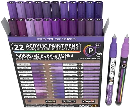Acrylic Paint Pens 22 Purple Tones Assorted Pro Color Series Markers Set 0.7mm Extra Fine Tip for Rock Painting, Glass, Mugs, Wood, Metal, Canvas, Projects, Non Toxic, Waterbased, Quick Drying