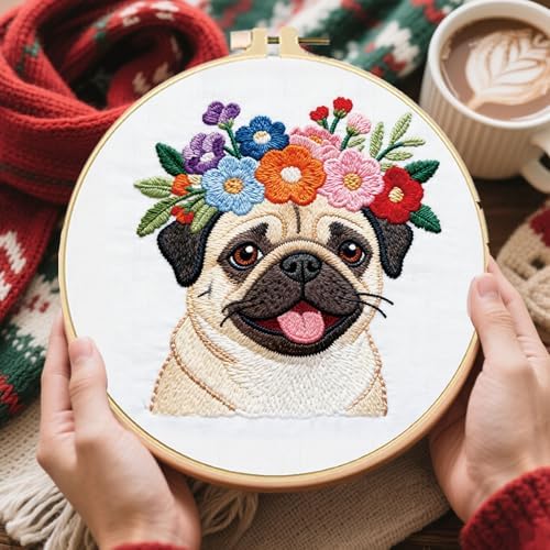 FREEBLOSS 4 Set Embroidery Kit Dog and Flower Stamped Embroidery Starter Kit with Step By Step Instructions, Colored Threads, 2 Hoops, Needlepoint Kits for Hand Craft Lovers Gift, 30cm/11.8inch