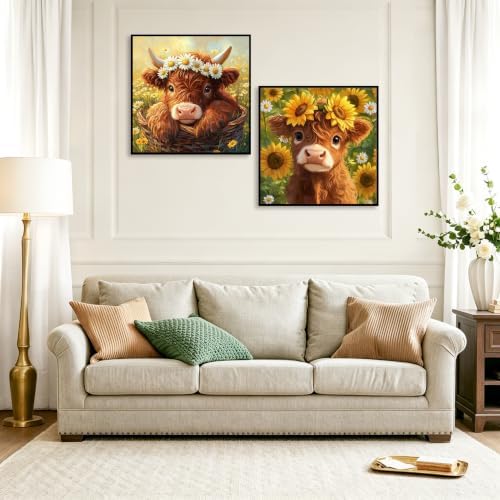 2 Pack Highland Cow Paint by Numbers Kit for Adults Framed Easel 10x10 inch | Highland Cow Adult Paint by Numbers, Paint by Number with Frame with Painting Brushes for Wall Decor DIY Acrylic Oil Painting
