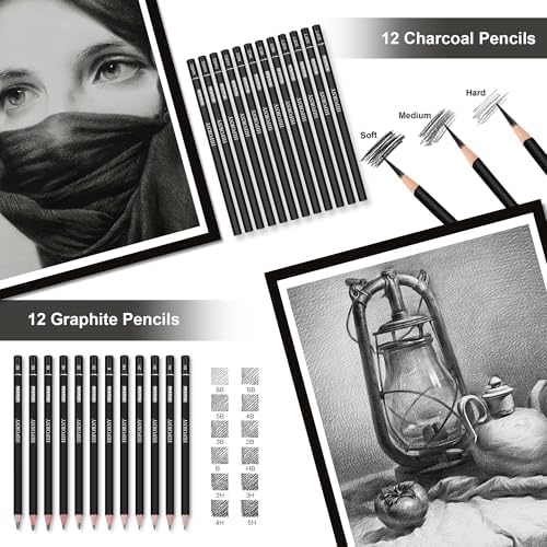 HIFORNY 120 PCS Drawing Set Sketching Kit, Art Supplies with 3-Color Sketchbook,Coloring Book,Rainbow,Colored,Watercolor,Metallic,Graphite,Black & Colored Charcoal Pencils,Blending Tools and More