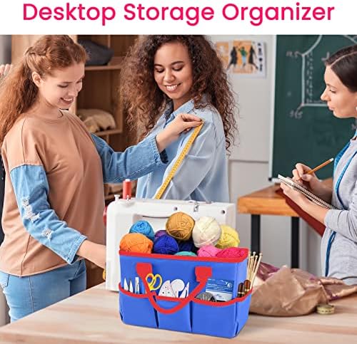 Desktop Tote and Organizer, Teacher Helper Bag for Arts, Books, Stationery, Office Desk, Make-up Storage with Handles for Travel (Blue)