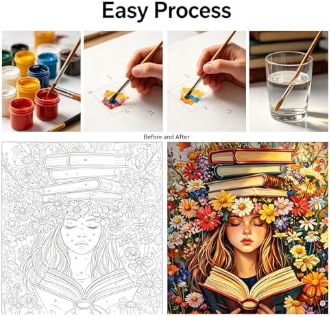 Paint by Numbers Kit for Adults - Flower & Girl Reading, DIY Acrylic Paint by Number, Oil Painting Style Canvas Art, Beginner Friendly Paint by Number for Adults, Perfect for Home Wall Decor
