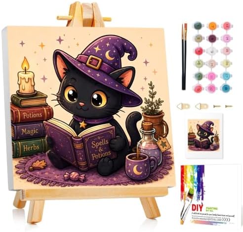 Mandun Halloween Cat Paint by Numbers Kit for Kids, 8x8 inch