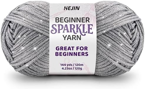 HEJIN 120g Silver Sparkle Yarn for Crocheting and Knitting | 120m(144yds) for Beginners with Easy-to-See Stitches; Worsted-Weight Medium #4; Yarn for Beginners Crochet Kit Making