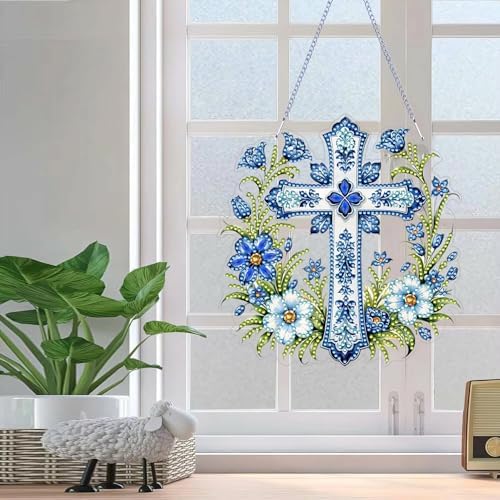 ARPADAMO Hanging Diamonds Art kit for Adult,DIY Cross Flowers Pendant Diamonds Painting Art Kit, 7.0x6.8 inch Acrylic Diamonds Painting Board Kit Ornament, Special Crystal Diamond Hanging Ornament