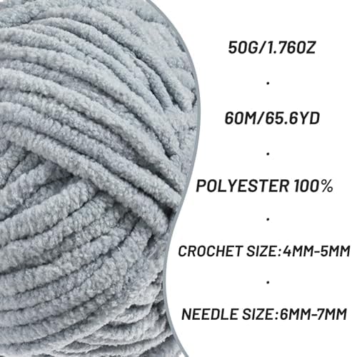 2 Packs Plush Chenille Chunky Crochet Yarn - Baby Yarn for Crocheting Soft - Velvet Yarns Knitting for Blankets Crafts - Fluffy Amigurumi Yarns 100g/131yds (2 Grayish)