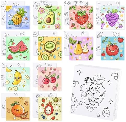 12 Packs Fruit Pre Drawn Canvas to Paint, Pre Printed Canvas for Painting, Pre Stretched Canvas Outline Painting Boards for Beginners, Students, Party Favors(4 * 4in)