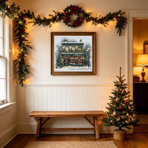 KYOQFVN Christmas House Cross Stitch Kit, 11CT Pre-Printed Stamped Cross Stitch Kits for Beginners, Easy Needlepoint Embroidery Counted Crosstitch Art Craft for Wall Decoration 14x14inch