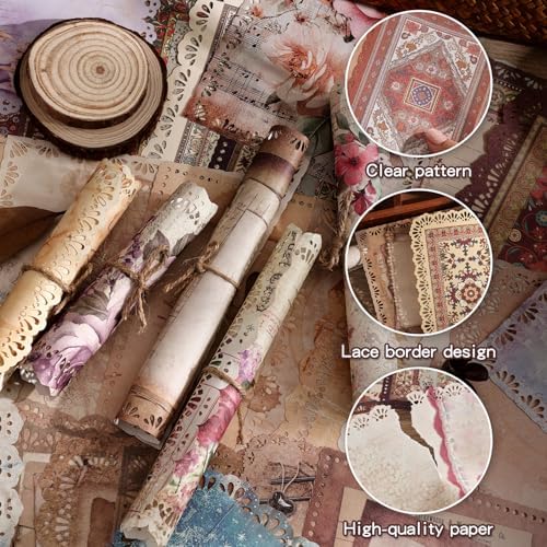66 Sheets Lace Edged Scrapbook Paper Set, 6 Packs Vintage Decorative Paper Scrapbooking Supplies for Letter Writing Background Stationery Ephemera for Junk Journaling, DIY Art Collage 4.9x6.9 IN