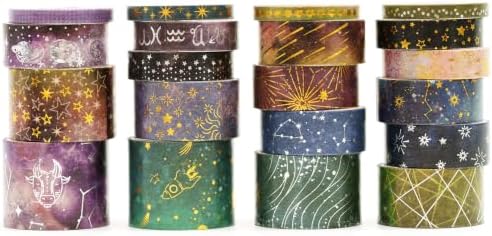 Galaxy Washi Tape Set - 20 Rolls Vast Universe Gold Foil Adhesive Tapes Star Arts Decorative Masking Tape Sets for Craft, Kids, Scrapbook, DIY, Gift Wrapping (2 Horoscope)