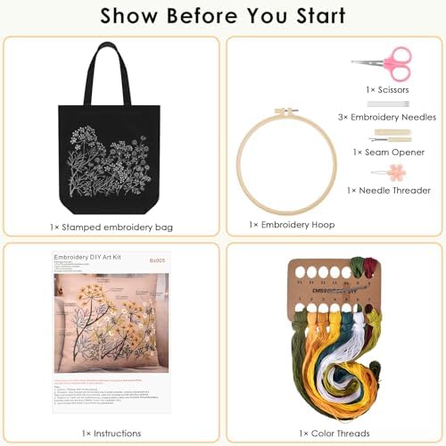 ERKOON Canvas Tote Bag Embroidery Kit for Beginners, Floral Arts Crafts Cross Stitch Kits for Adults Including Stamped Embroidery Bag with Hoops, Needle, Instruction and Color Threads(Chamomile)