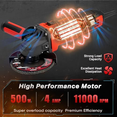 SHALL 4-1/2 Inch 11000 RPM Angle Grinder 4Amp with 2 Guards, 3 Cutting Discs, 3 Grinding Wheel, Non-Slip Handle, Wrench and Carbon Brush for Metal and Wood