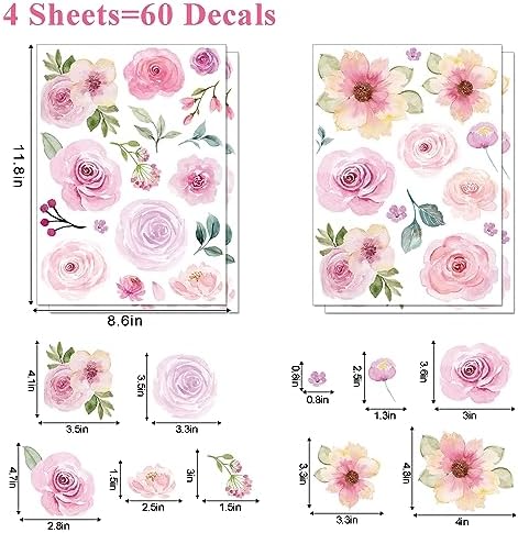AOWDIAO 60 Pcs Flower Peel and Stick Wall Decals Watercolor Vinyl Peony Floral and Leaves Wall Stickers Pastel Flower Decor for Girls Bedroom Nursery Classroom Living Room
