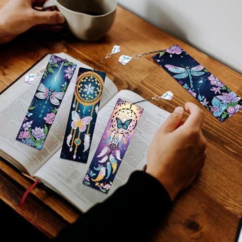 4 Pack Diamond Painting Bookmarks, 5D Dreamcatcher Butterfly Dragonfly Diamond Art Bookmark Kit with Tassels, DIY Beaded Rhinestone Book Mark Craft for Adults Beginners Reading Gift