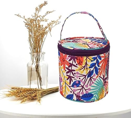 mini yarn storage small size yarn bag for crocheting with holes,empty round knitting tote bags protable yarn holder,perfect for travel,beginner & crocheter(Orange Leaves)