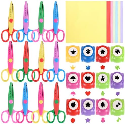12 PCS Craft Scissors Decorative Edge, 12 PCS Small Hole Punch Shapes, 90 Sheets Colorful Origami, Adults Craft Kit for DIY Crafts, Scrapbooking, Card Making, School Supplies