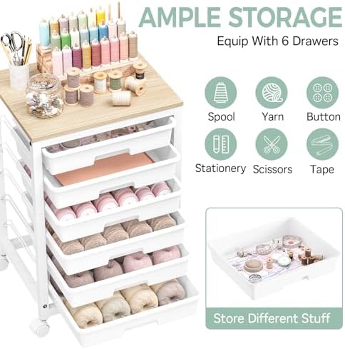 SYKIARIOL Rolling Cart with 6 Drawers,White