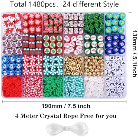 1480pcs Christmas Polymer Clay Beads Charms Friendship Bracelet Necklace Earring Jewelry Making kit, Accessories for Arts Crafts DIY Gifts for Women Girls