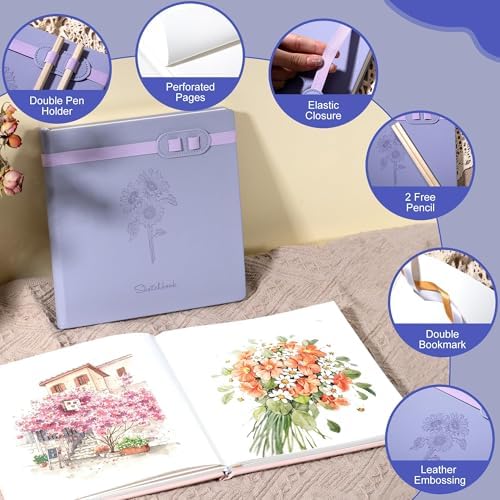 Hardcover Sketchbook for Drawing with 2 Pencil,160 Page Sketch Book,Purple | Acid Free 150GSM Thick Paper,Gift Boxed,Square Leather Art Sketch Pad Drawing Paper Book Artist's Journal for Women Adults