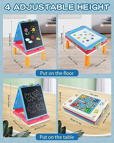 Elovien Easel for Kids, 4 in 1 Double Sided Art Easel with Chalkboard & Magnetic Whiteboard, Foldable Kids Tabletop Easel with Drawing & Writing Accessories - Gift for Boys and Girls (Blue)