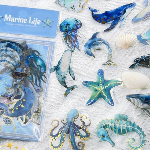 50pcs Ocean Animal Stickers for Laptop Water Bottles, Gold stamp Transparent PET Waterproof Adhesive Fish Decal Under The Sea Marine Life Sticker for Kids Birthday Party Scrapbook Gift box(Gold stamp)