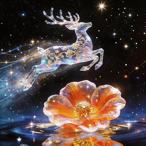QYLTHRA 5D Full Drill Diamond Painting Kit for Adults & Beginners, DIY Crystal Deer Diamond Art Kit with Fantasy Starry Sky, Golden Flowers & Water Ripples, Home Wall Decor & Gift, 14 x 14 Inches
