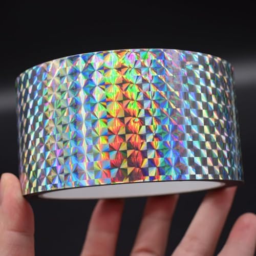 Self-Adhesive Holographic Reflective Tape Prism Tape Holographic Reflective Tape for Keep Birds Away, Craft Projects, DIY Art, Home, Daily Use (Silver, 1 Inch x 55 Yard)