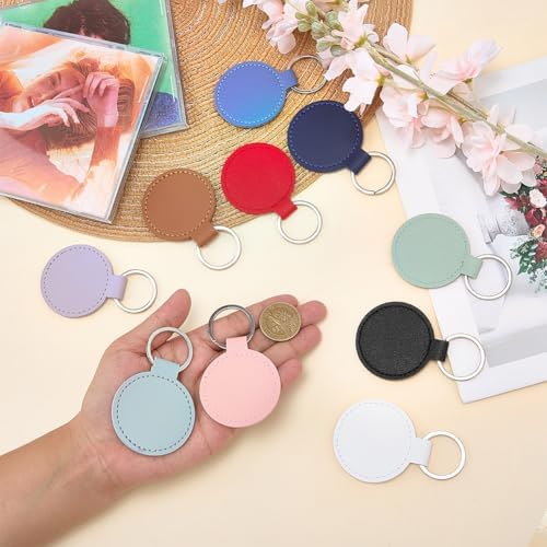 10 Colors Round PU Leather Keychain Blanks Double Side Leather Keychain Kits with Key Rings Sublimation Key Fob Keyring Holder Bulk for DIY Craft Present Making Birthday Gift