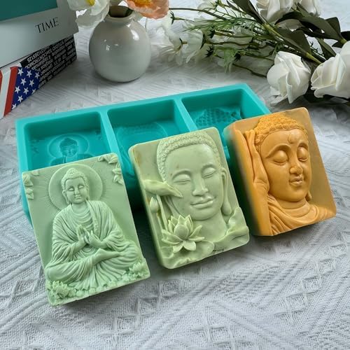 3 Cavity Buddha Silicone Soap Mold - 3D Buddha & Lotus Soap Making Mold for Homemade Soap, Candles & Crafts - Non-Stick Reusable Silicone Craft Mold