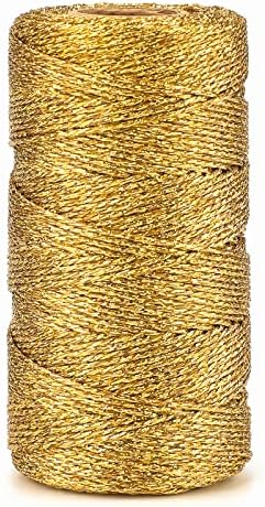 jijAcraft 328 Feet Gold String Twine - 1.5mm Metallic Ornament Thread Gift Wrapping - Inelastic Macrame Glitter Gold Cord for Gift Wrapping, DIY Crafts, Bracelets