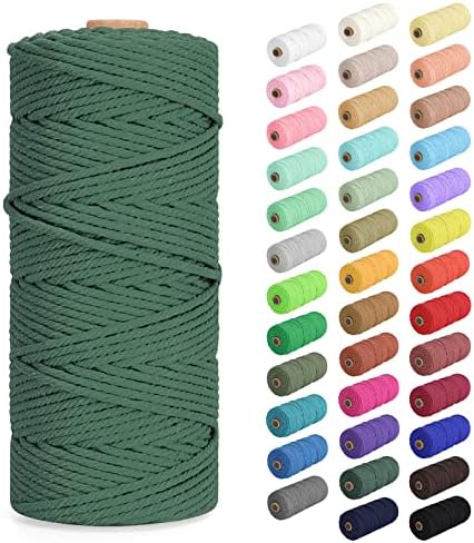 Macrame Cord 3mm x 109Yards (328Feet), Natural Cotton Macrame Rope - 4 Strands Twisted Macrame Cotton Cord for Wall Hanging, Plant Hangers, Crafts, Gift Wrapping and Wedding Decorations, Dark Green