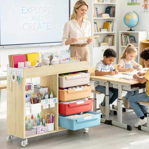 SYKIARIOL Craft Organizers and Art Supply Storage Art Cart, Classic Macaron | Rolling Cart with 4 Drawers & Metal Pegboard, 5 Hooks, Cute Macaron Color Magnets for Craft Room, Office, Classroom
