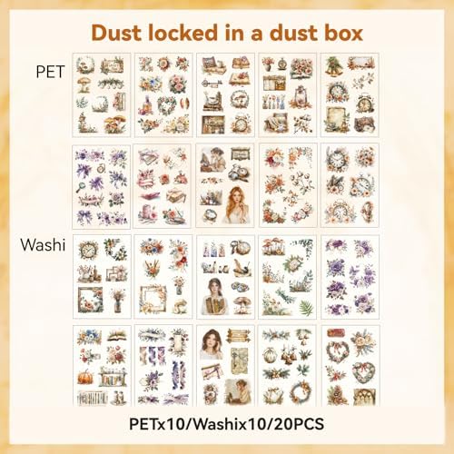 Dust-Locked Time Sticker Scrapbooking Supplies for Junk Journal, 20 Sheets PET Stickers - Vintage Journaling Stickers