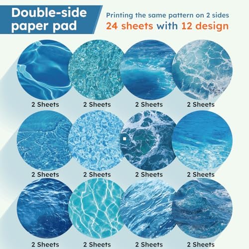 12in Blue Waves Scrapbook Paper Pad - 24 Sheets Double Side Sea Patterns Designed Aesthetic Collage Material for Junk Journal Folded Card Making DIY Crafts Gift Wrapping Supplies