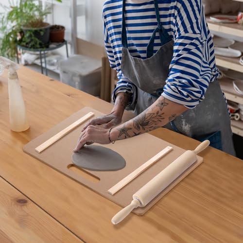 Newtay 12 Pcs Pottery Tools Include 1 Wood Rolling Pin Sculpting Polymer Clay Tools 1 Portable Wedging Board for Pottery with Built in Handle and 10 Pcs 5 Size Pottery Teaching Rolling Mud Stick Guide