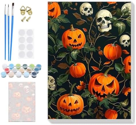 SENQAO Pumpkin Paint by Numbers Kit for Adults Beginner, Halloween Adult Paint by Number Kits on Canvas, DIY Acrylic Oil Easy Painting by Numbers for Home Wall Decor 8X12 inch (Skull Pumpkin)