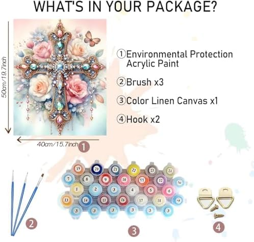 MBNTJHT DIY Cross Paint by Numbers Kit on Canvas for Adults,Easy Flowers Cross Paint by Number Kits for Beginners,Digital Oil Painting Kits for Home Wall Decor 16X20 Inch.