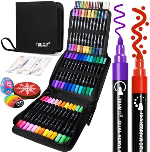 TANMIT 48 Colors Acrylic Paint Markers, Dual Tip Acrylic Paint Pens with Dot & Fine Tips For Fabric, Rock, Wood, Glass, Eggs, Scrapbook, DIY Crafts Making Art Supplies - Teacher Appreciation Gift