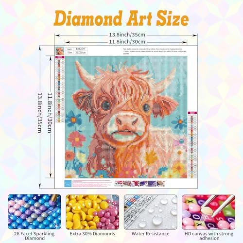 Highland Cow Diamond Art Kits for Adults Beginners 14x14 in, DIY Craft Gift